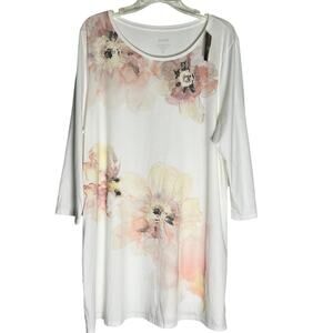 Pure Jill Floral Painterly Pima Cotton 3/4 Sleeve Tunic Top Womens XLT White NWT